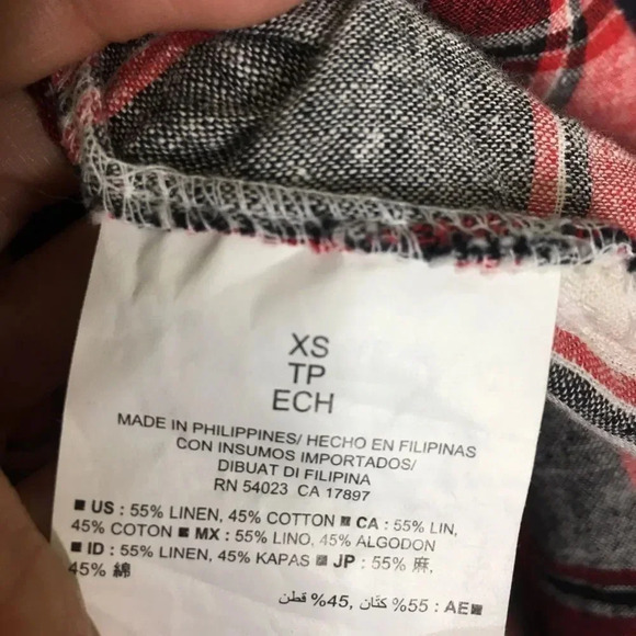 Red Plaid Partial Button Front Linen Cotton Top - Picture 4 of 5